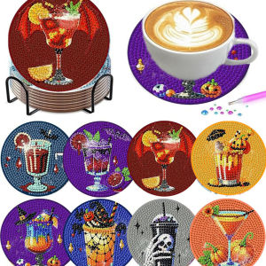 other | 8 pieces/set of diamond art painting coasters with brackets DIY Halloween pattern diamond art coasters suitable for both adult