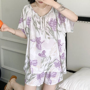 ผ้าฝ้ายเทียม Guofeng ชุดนอนสําหรับผู้หญิงฤดูร้อนน้ําหนักเบาแขนสั้นบริการบ้านสไตล์พิมพ์ลายดอกไม้พืช