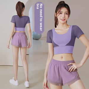 Yoga Clothes Suit Womens Spring & Fall New Arrival Professional Sports Running Quick-Drying Tops Short Sleeve Vest Workout Clothes with Chest Pad