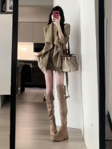 Foldable Thickened Fleece Lined over Knee Boots Womens Vintage Suede Chunky Heel Slimming Knight Boots Autumn Winter Long Boot