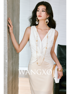 WANGXO | Đầm Bodycon V-Cổ Xoắn eo Không Tay Thêu Lấp Lánh Pha Rayon