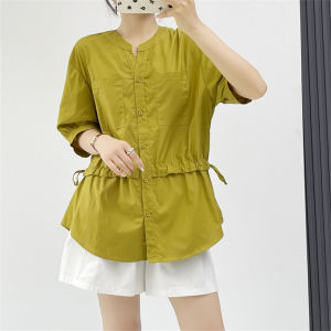 Huiyige Summer Womens Short-Sleeved Shirt Pure Color All-Matching Shirt K-style Loose Casual Drawstring Waist Trimming Shirt Tops