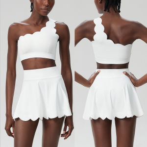 Flounce Hem Single Shoulder Sports Bra and Skirt Set