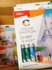 Màu nước Acrylic dạng tuýp 12ml Deli - 12/24 màu vẽ được trên canvas vải gỗ...bám dính tốt trên nhiều vật liệu