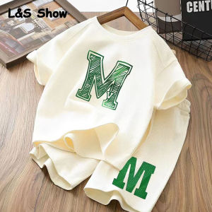 LS Show Childrens T-shirt Set Summer Boys Loose Short Sleeve Shorts Casual Versatile Fashion Two-piece Set for Middle-aged Young Children