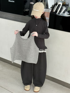 MPW | Girls Spring Autumn Fashionable Ruffle Vest Wide Leg Pants Three Piece Set Korean Style Middle Large Childrens Clothing