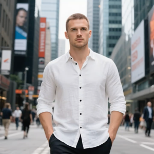 Mens Shirt Casual 100%Cotton Slim-fit Lapel Button Up Long Sleeve Shirt For Outdoor