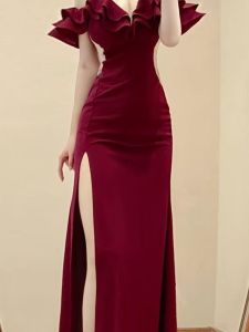 Elegant Birthday Party Dress Asymmetrical High Waist Fish Tail Gown One Shoulder Bridesmaid Dress Korean Style Long Skirt