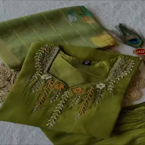 [PRE ORDER : 10 DAYS] Designer Parrot Green Mul Chanderi Kurti Pant Set with Jacquard Dupatta 408 | Premium Roman Silk Pant & Full Cotton Inner Premium Hand Work Salwar Suit | 408 |