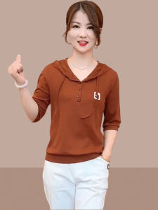 เสื้อยืดคอกลมแขนสั้นทรงหลวมสไตล์ใหม่สำหรับผู้หญิงในฤดูใบไม้ร่วง เสื้อฮู้ดคอตตอนผสมโพลีเอสเตอร์ลายพิมพ์ลายการ์ตูน