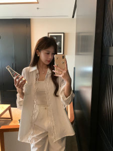 French Style Lace Splice Loose Long Sleeve White Shirt Women Casual Pants Set Summer Early Autumn Breathable Comfortable Polo Collar