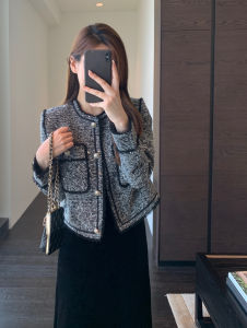 Amr Uu Luxury Feel Floral ผ้าทูลล์ ลมหอม เสื้อโค้ท คอกลม ผู้หญิง ฤดูใบไม้ร่วง ฤดูหนาว เสื้อแจ๊กเก็ตสั้นสไตล์ใหม่