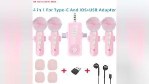 Pink 1 in 4 Lavalier Microphone Noise Cancelling Wireless With Wind Muff Lapel Mic For iPhone Android Camera 4 Pack LED Display