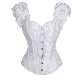 Womens Floral Jacquard Corset Ruffled Puff Strap Sweetheart Neck Front Bow Hook Back Lace Up Victorian Bridal Bustier Top