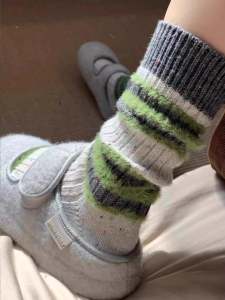 Gray Green Fur Trimmed Stripe Slippers Retro Style Womens Outdoor Slip-On Shoes Comfortable Soft Material Beautiful Design