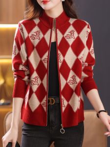 เสื้อคาร์ดิแกนถักขนสัตว์ทรงหลวมสำหรับผู้หญิง ฤดูใบไม้ผลิและฤดูใบไม้ร่วง คอตั้ง ปกเสื้อคลุมยาว ซิป แขนยาว ปกติ