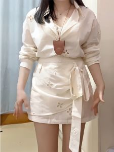 plus Size Womens Korean Style Long Sleeve Shirt Slim Fit Two Piece Set Summer New Style Belt Waist Tie Hollow out Design