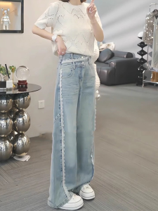 Shalldoer | European Design Lace Insert High Waist Loose Wide-leg Jeans
