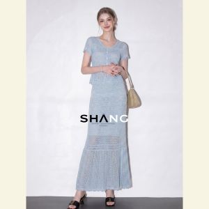 SHANGSHA | Luxurious French-style Elegant Blue Lace Dress