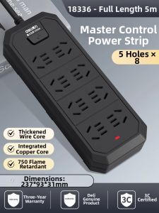 deli | Multifunction Black Extension Cord with Multiple Sockets for Home and Dorm Use