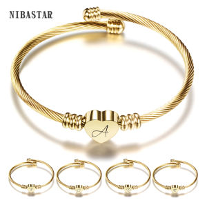 Gold Color Heart Charm Cable Initial Bracelet for Women Girls 26 Letters A to Z Alphabet Bracelets bangles