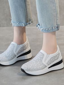 Casual Travel Slip-On Womens Shoes Colorful Diamond Pearl Embellished Platform Heel round Toe Deep Mouth Fashionable Footwear