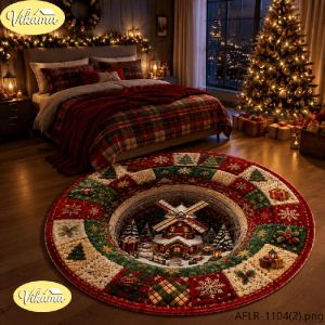 VIKAMA Christmas Round Rug Santa Reindeer Winter Town Night Area Rug Living Room Holiday Home Decor Aesthetic Art Large Premium