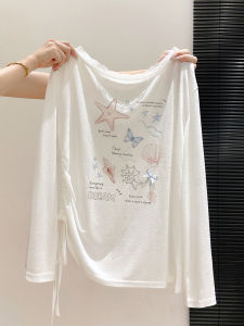 LUOSHAO | Lace Collar Thin Printed T-Shirt with Spaghetti Straps UV Protection Drawstring Slimming Long Sleeve