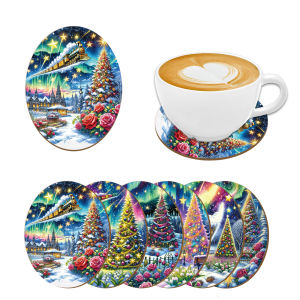 6/8 Pieces of round Coaster Santa Claus car theme Pattern wooden Material suitable for Coffee shop Desktop Decoration