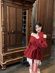 GUZILIAN | Red Knitted Long Sleeve V-Neck Sweater Womens Medium Length Loose Versatile Top For Autumn Winter Comfortable Lazy Style Fashionable Commute