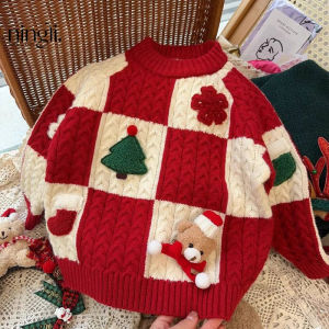 Thickened Red Knitted Sweater for Children Christmas Festival Celebration Clothes Soft Comfortable Outdoor Style Long Sleeve round Neck