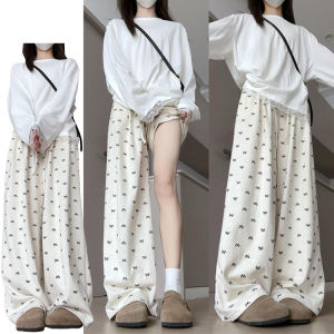 Korean Style Gentle Butterfly Knot Casual Pants Women Spring Autumn 2024 New Print Samba Straight Leg Pants Versatile High Waist Wide Leg