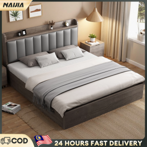 NAIJIA Queen/King Solid Wood Bed Frame With Drawer Single Katil Kayu Bedroom Dormitory Wooden Bed Frame實木床