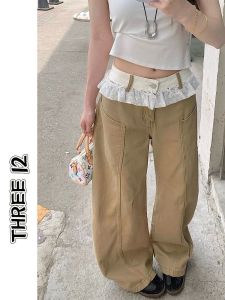 Quần Ống Rộng American Retro Lace Trim Casual Pants Cho Nữ Mùa Thu Phong Cách Mới Quần Ống Đứng Rộng Rãi Thon Gọn