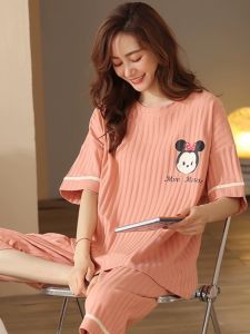 Áo Ngủ Cotton Tay Ngắn Mùa Hè Cho Nữ Áo Chui Đầu Cổ Tròn in Họa Tiết Hoa Quần Dài Tám Điểm Áo Ngủ Cotton Nguyên Chất Mặc Nhà