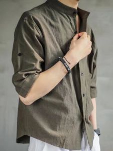 Summer Thin Cotton Linen Short Sleeve Shirt Stand Collar Trendy Brand Japanese Style Retro Versatile Hong Kong Style Seven Sleeve Mens Shirt