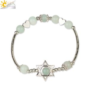 CSJA 6mm Crystal Hexagram Bracelet with Round Beads Natural Stone Star of David Heart Charms Elastic Bangle for Women G164