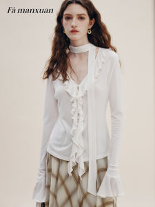 FAMANXUAN | French Style Lyocell Ruffled Tie V-Neck Flare Sleeve Knitted Sweater