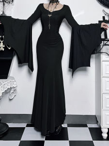 ชุดเดรสแขนหางปลาสีดำ แขนผี ชุดฮาโลวีน ชุดเดรสยาวปานกลาง แขนยาว ทรงเข้ารูป ทรงเอ คอวี กระโปรงทรงเอ