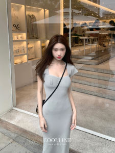 COOLLINE ชุดเดรสชิ้นเดียวสีบริสุทธิ์สําหรับผู้หญิงเดรสยาวแขนสั้นสําหรับปาร์ตี้วันเกิดฤดูร้อนผลลดความอ้วน