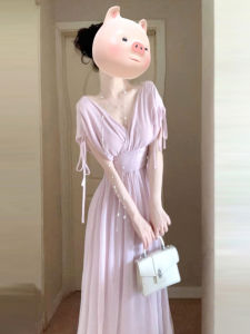 Homecore | French Elegant Waist-Cinching Summer Dress Womens Gentle Style Slimming Long Dress Homecore Brand Polyester Fiber A-Line Skirt