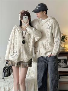 เสื้อคาร์ดิแกนถักแขนยาวแบบสวมหัวสำหรับคู่รักสไตล์วิทยาลัย สวมใส่สบาย ผ้าโพลีเอสเตอร์ เสื้อคลุมกันหนาวแบบสวมหัวสำหรับผู้หญิง