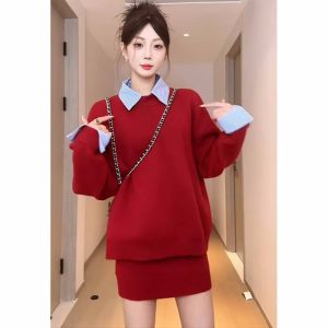 Korean Style Red Splicing Sweater Skirt Two-Piece Set High Waist Short Skirt Long Sleeve High Collar Pure Color Autumn Winter Womens Fashion OOTD