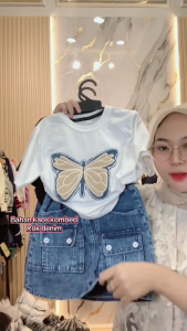 Setelan Rok Jeans Anak Perempuan Usia 1-5 Tahun Top Fashion Anak Perempuan Kaos Motif Kupu-Kupu Rok