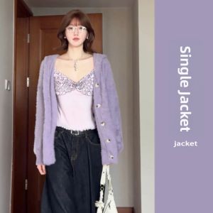YUEZHONGWEI | New Cozy Loose Cardigan Sweater for Women Purple Mohair