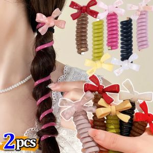 2Pcs Korean Bow Ponytail High Elastic Hairbands Rubber Hair Ties Bundle Scrunchies Spiral Coil Telephone Wire Women Girls Hair Accessories Hair Ropes Bands