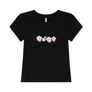 Letter Floral Round Neck Short Sleeve Slim T-shirt Thin