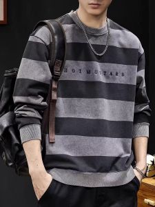 Trendy Striped round Neck Hoodie Mens Loose plus Size Fat Mens Clothing Versatile Trendy Brand Casual Outerwear