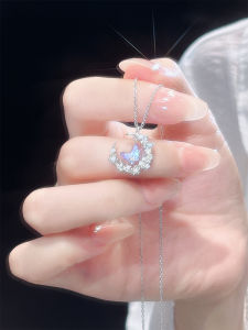 S999 Pure Silver Butterfly Moon Necklace for Women Luxury Non-fading Valentines Day Gift Original Design Cross Chain