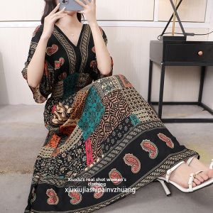New 2025 Bohemian Style Cotton Silk Floral Print V-Neck Large Size Beach Vacation Long Dress Trendy A-Line Korean High Waist
